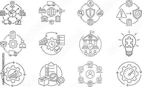 Set of business and logistics process icons in a thin line sketch style
