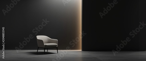 Minimalist interior featuring a single armchair with a dark wall backdrop