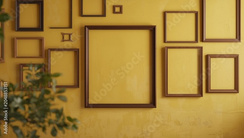Old fashioned yellow walls showcasing empty frames and large copy space for creative work