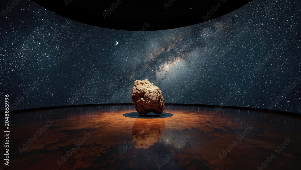 Obraz premium Meteorite exhibit with starry space background on earth floor for marketing