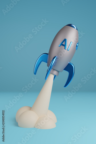 Cartoon spaceship taking off AI text. Artificial intelligence concept. 3d illustration.