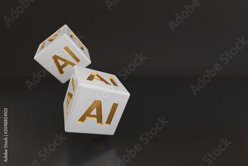 Two dice with golden AI text with copy space. Artificial intelligence concept. 3d illustration.