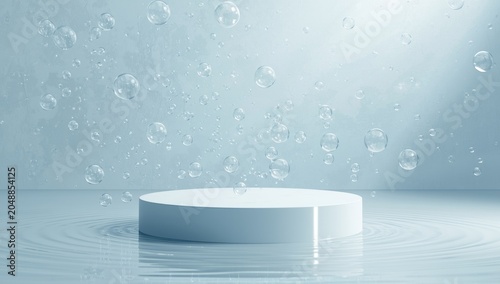 Sleek white podium floating amid water bubbles and ripples minimalist cosmetic showcase background