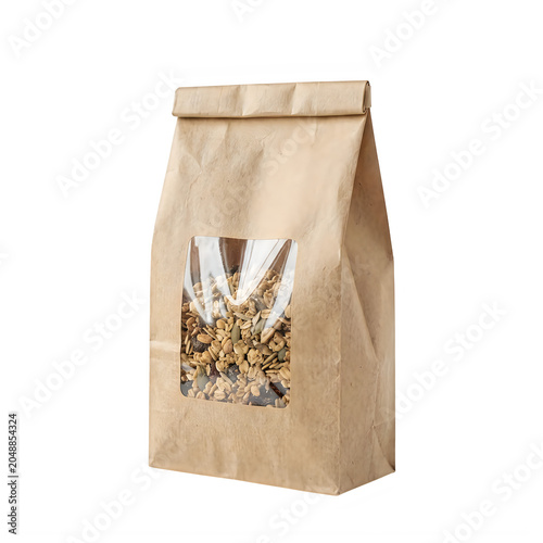 Brown paper bag with a window showing healthy granola cereal for breakfast nutrition and food storage isolated on transparent background