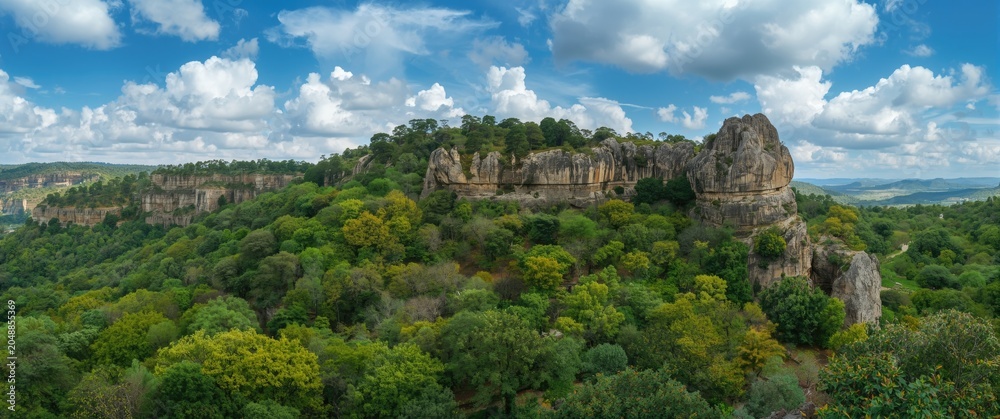 Obraz premium Top down view of a thriving green hillside with dense tree clusters near craggy rock cliffs and pristine sky