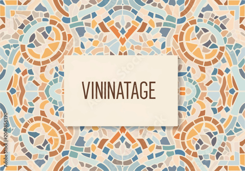 Vintage mosaic tile pattern featuring geometric circular and angular tessellation in terracotta orange, blue, and beige ceramic shards with a central rectangular text frame.