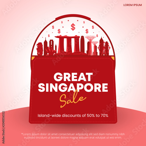 Great Singapore Sale banner design features a red shopping bag and city buildings in a red color