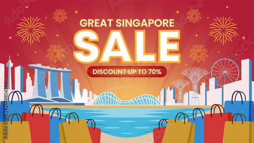 Great Singapore Sale banner design featuring city buildings and shopping bags in colorful style