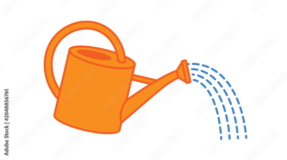 Obraz premium Bright orange vector illustration of a garden watering can pouring blue water for plant growth