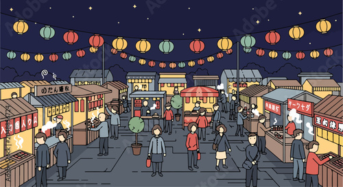 Slika na platnu A nighttime scene of a bustling Asian market