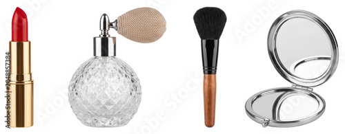 a close up of a makeup brush and a lipstick on a white background