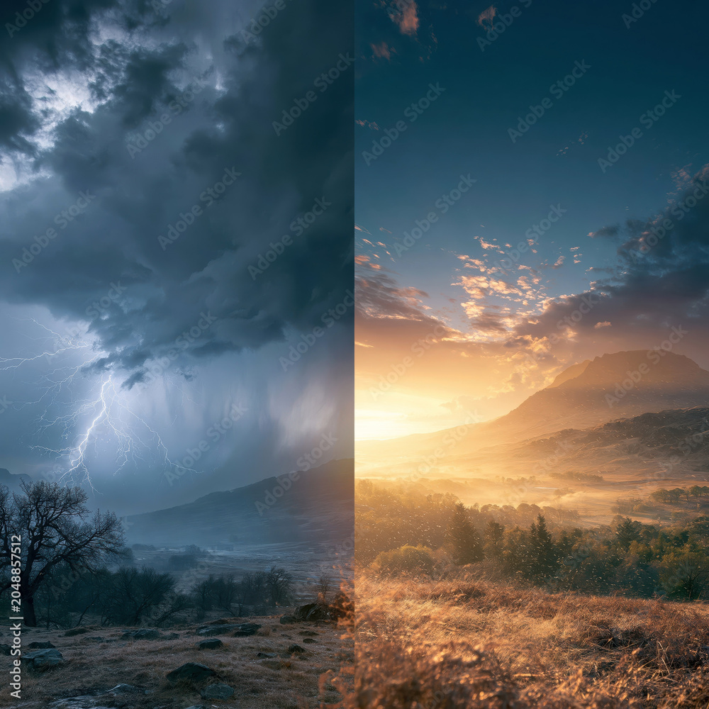 Fototapeta premium Split Screen Comparison Of Stormy Sky And Sunset Landscape