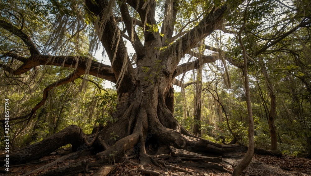 Fototapeta premium Tree with fractured limbs and roots showing prominently in wild woodland scene