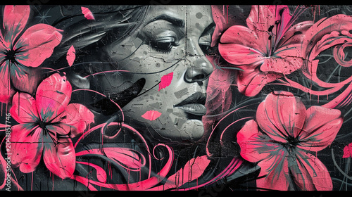 Stunning graffiti mural of a womans face surrounded by vibrant pink flowers