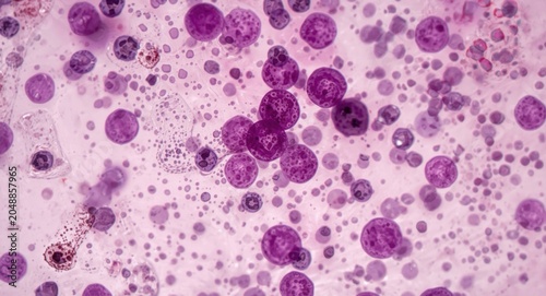 Microscopic view of blood smear showing high mature lymphocytes and smudge cells in chronic lymphocytic leukemia