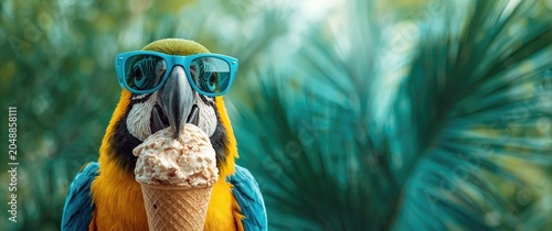 Tropical themed advertisement with a smiling parrot in blue eyewear enjoying ice cream
