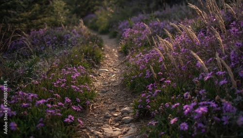 Wilderness trail surrounded by prolific Purple Cascade Aster wildflower blossoms