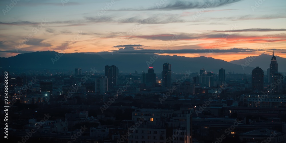 Fototapeta premium Urban landscape featuring a twilight mountain view