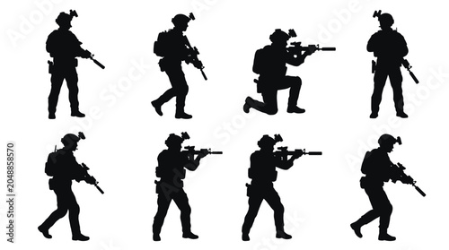 Black vector illustration set of eight elite tactical soldiers holding rifles in various combat positions