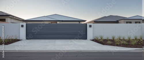 Residential property with built in parking and sleek grey roller shutters on gates