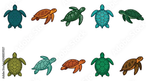 Set of colorful sea turtle vector illustrations featuring diverse swimming patterns and distinct shell designs