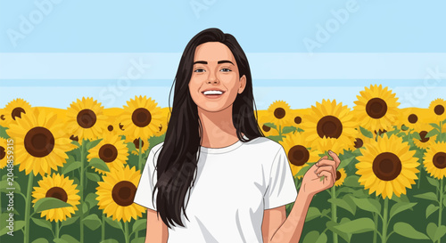 Digital vector illustration of a smiling young woman with long dark hair wearing a white t-shirt, standing in a large field of blooming yellow sunflowers under a clear blue sky.