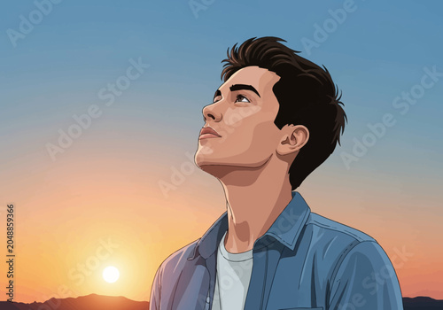 Vector art illustration of a young man with dark hair looking upward at the sky during a vibrant sunset over a mountain range, wearing a blue denim shirt and a white t-shirt.