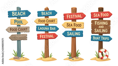 Colorful wooden directional signs featuring beach and resort destinations in a flat vector graphic style
