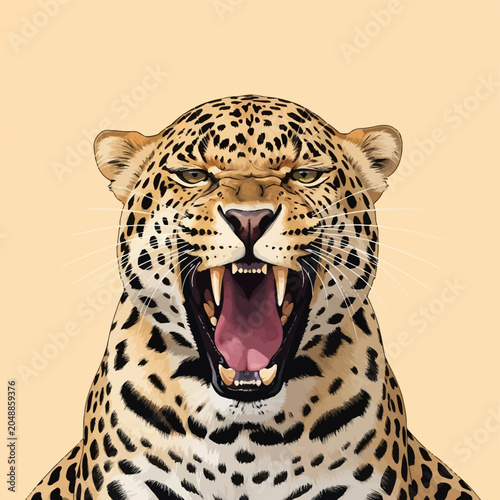 Close-up vector illustration of a leopard snarling with an open mouth, revealing sharp fangs and tongue, featuring detailed rosette spots on fur and a neutral cream background.
