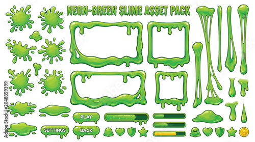 Neon green slime vector asset pack featuring decorative frames buttons and gooey liquid design elements