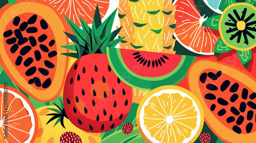 Seamless pattern with various tropical fruits like papaya, pineapple, and citrus