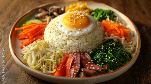 Bibimbap with beef, fried egg, and assorted vegetables on a wooden table
