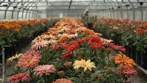 Multicolored gerbera flowerbeds growing healthily inside a transparent greenhouse