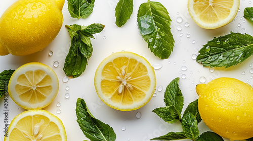 Fresh lemons and mint leaves with water droplets isolated on white background
