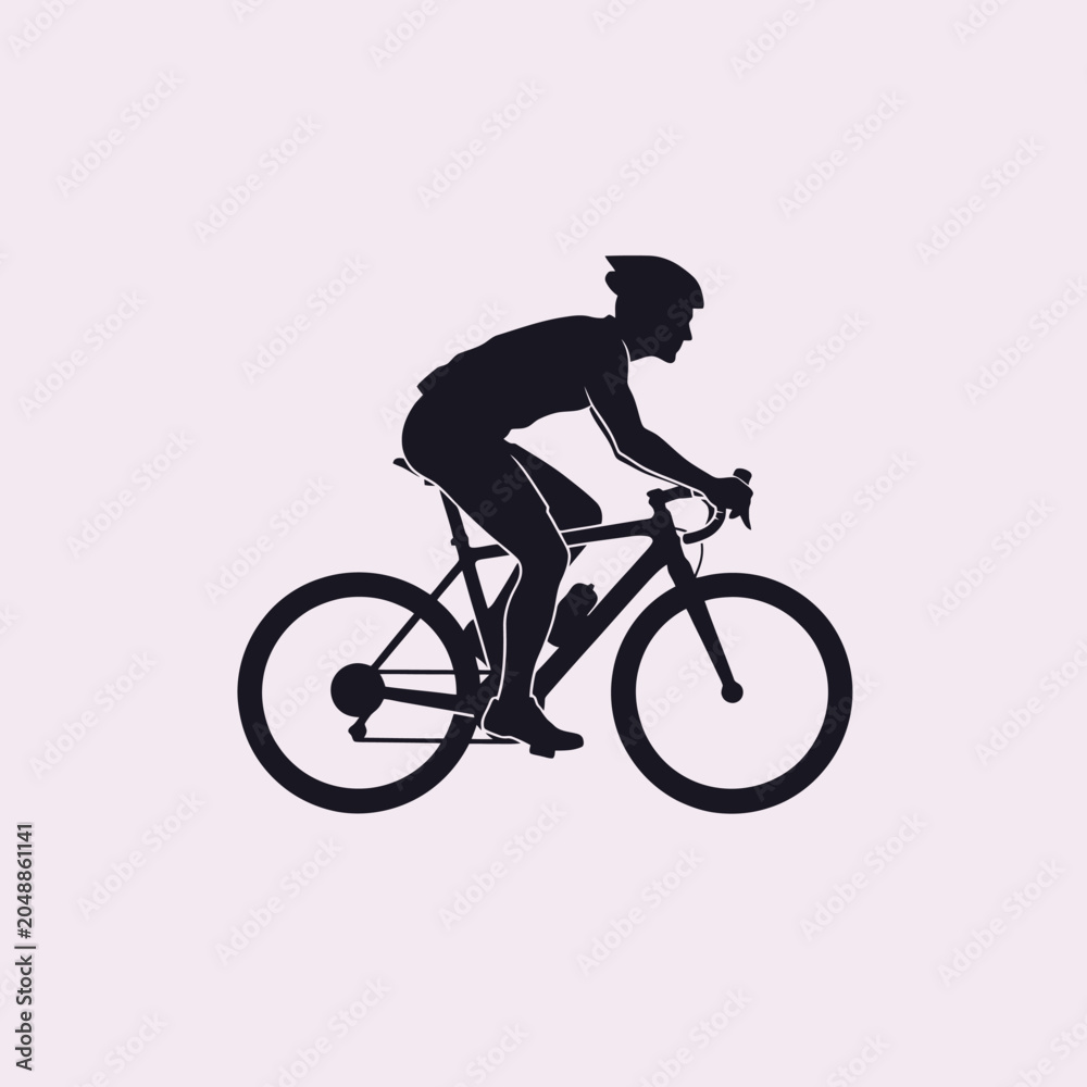 Fototapeta premium A cyclist silhouette is riding a bicycle on a light pink background