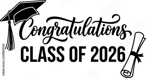 Foto Graduation celebration text with cap and diploma illustration congratulatory mes