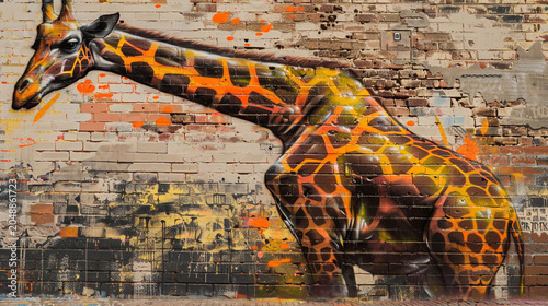 Graffiti art of a giraffe painted on a weathered brick wall