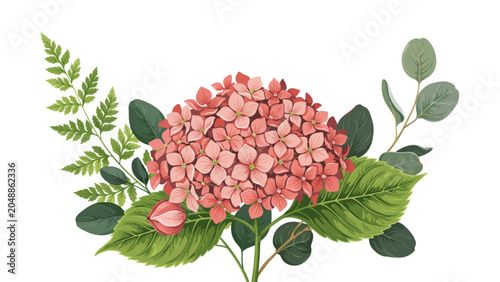 Close-up of vibrant red hydrangea flower cluster with green leaves Vector