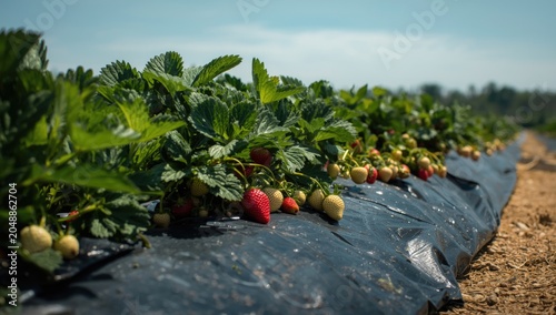 Strawberry crop producing ripe berries on plastic mulch with clear sky