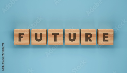 Fotografie The Word Future: Six wooden blocks with letters spelling FUTURE are neatly arranged in a row on a light blue background, symbolizing foresight and planning