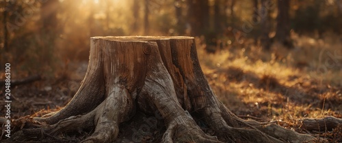 Sunlit old tree stump in natural woodland