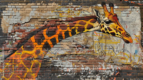 Graffiti art of a giraffe painted on an old weathered brick wall