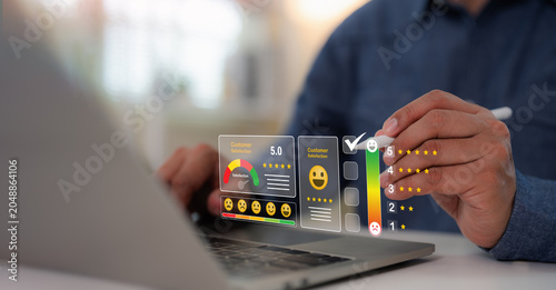 A user give rating to service experience on laptop online application, Evaluate quality of service leading to reputation ranking of business. Customer review satisfaction feedback survey concepts.