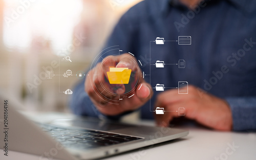 Online documentation database and process automation to efficiently manage files. Digital data document management system (DMS), knowledge documentation in enterprise. Corporate business technology.