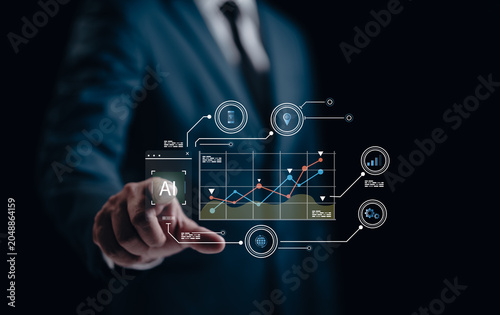 Businessman hand touching AI technology on cloud global. AI learning and business artificial intelligence, data management on network. Document file management, cyber security, digital transformation.