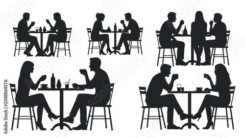 People sitting at tables in a restaurant eating and drinking 2D AutoCAD Vector