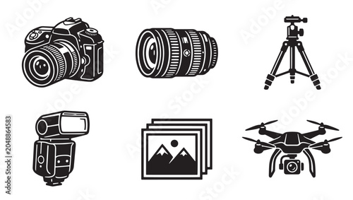 Professional photography gear and imaging tool icons with photography equipment production recording collection technology pictogram isolated illustration creative professional