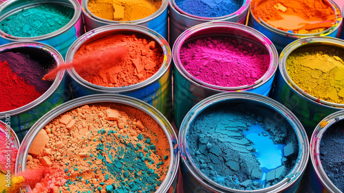 Top view of colorful pigment powders in metal cans