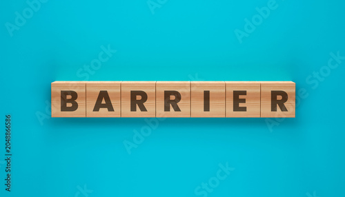 Bild auf Leinwand Wooden Blocks Spelling BARRIER: A row of wooden blocks with letters spelling out the word BARRIER is arranged on a bright blue background, symbolizing an obstacle or challenge