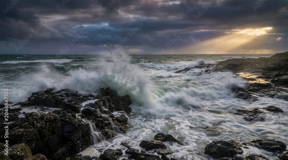 Fototapeta premium Crashing ocean waves strike against dark jagged rocks during a stormy sunset for nature banners.